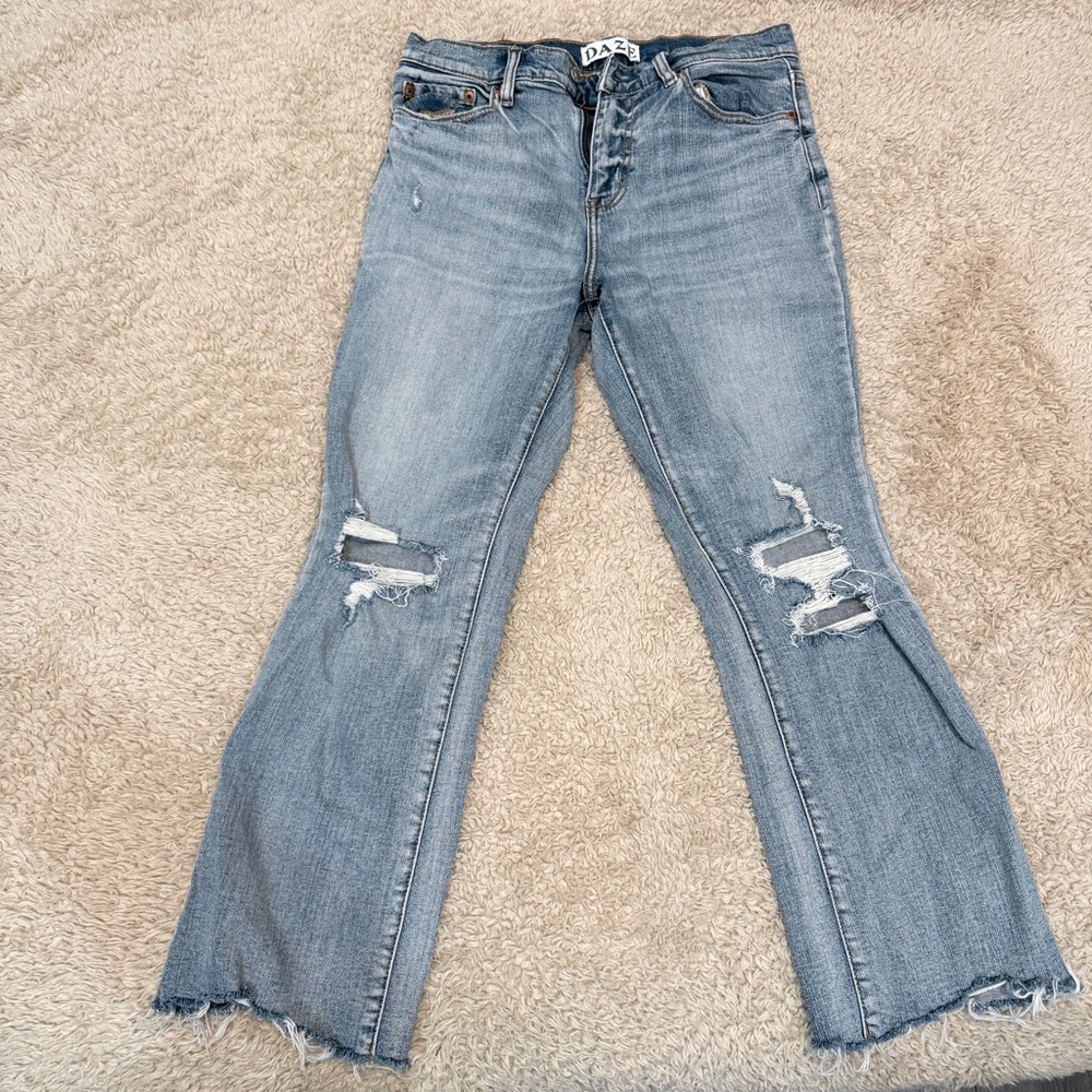 Daze Light Blue Distressed Flare Jeans